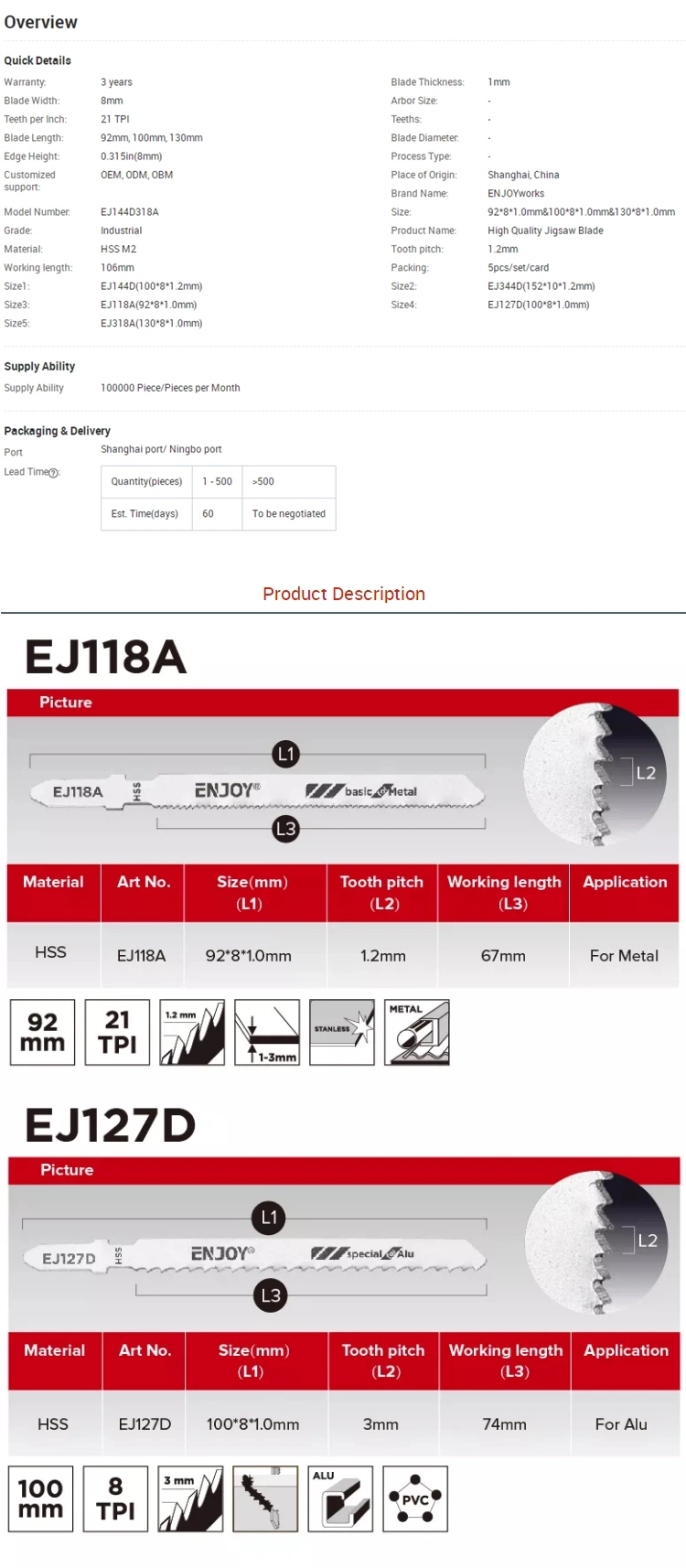 High Quality Jigsaw Blade for Metal Jigsaw Blade for Wood Jigsaw Blade for Plastic